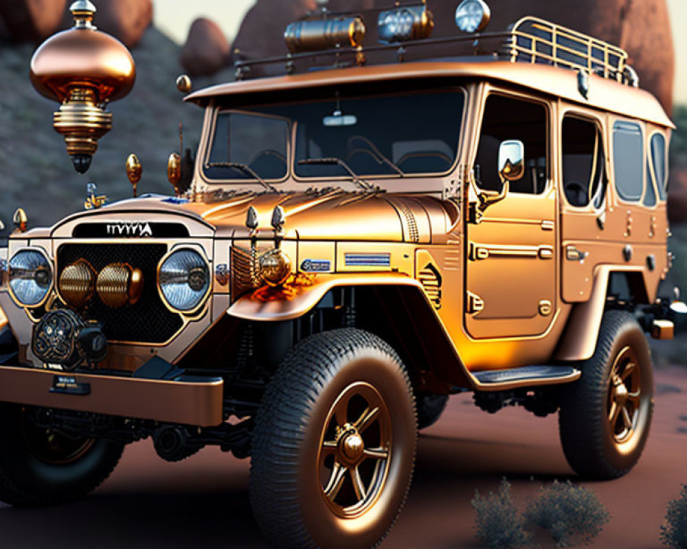 Stylized vintage off-road vehicle in desert with fantasy airship
