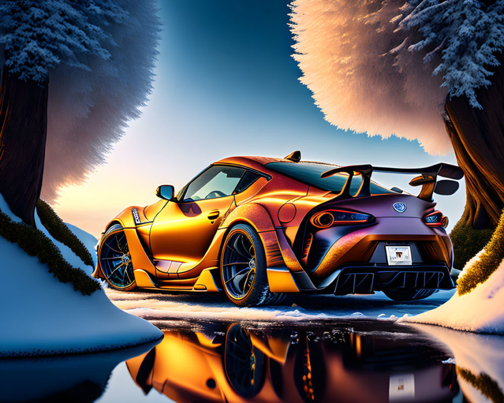 Orange Sports Car Parked Among Snowy Trees in Sunset Reflection