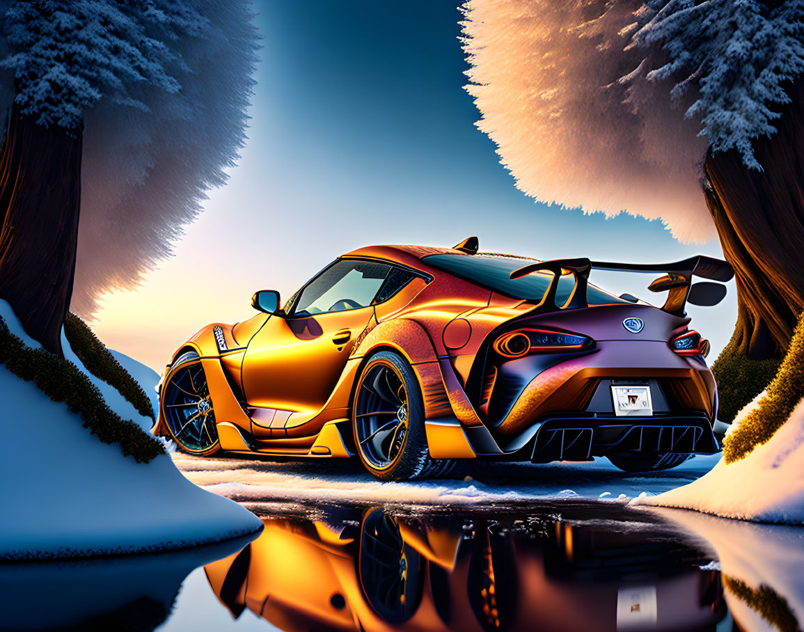 Orange Sports Car Parked Among Snowy Trees in Sunset Reflection