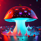 Digitally-rendered glowing mushroom in blue light on red backdrop with floating water droplets
