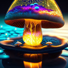 Colorful Glowing Mushroom on Reflective Surface