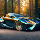 Shimmering Blue Sports Car with Gold-Rimmed Wheels on Forest Road at Sunset