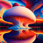 Colorful Digital Art: Oversized Mushrooms Reflecting on Water