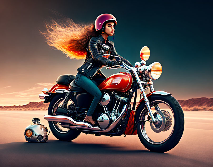 Woman in black jacket on red motorcycle in desert sunset landscape.
