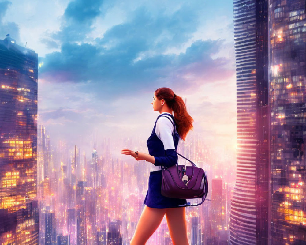 Woman in sporty attire with backpack amid futuristic cityscape at sunset