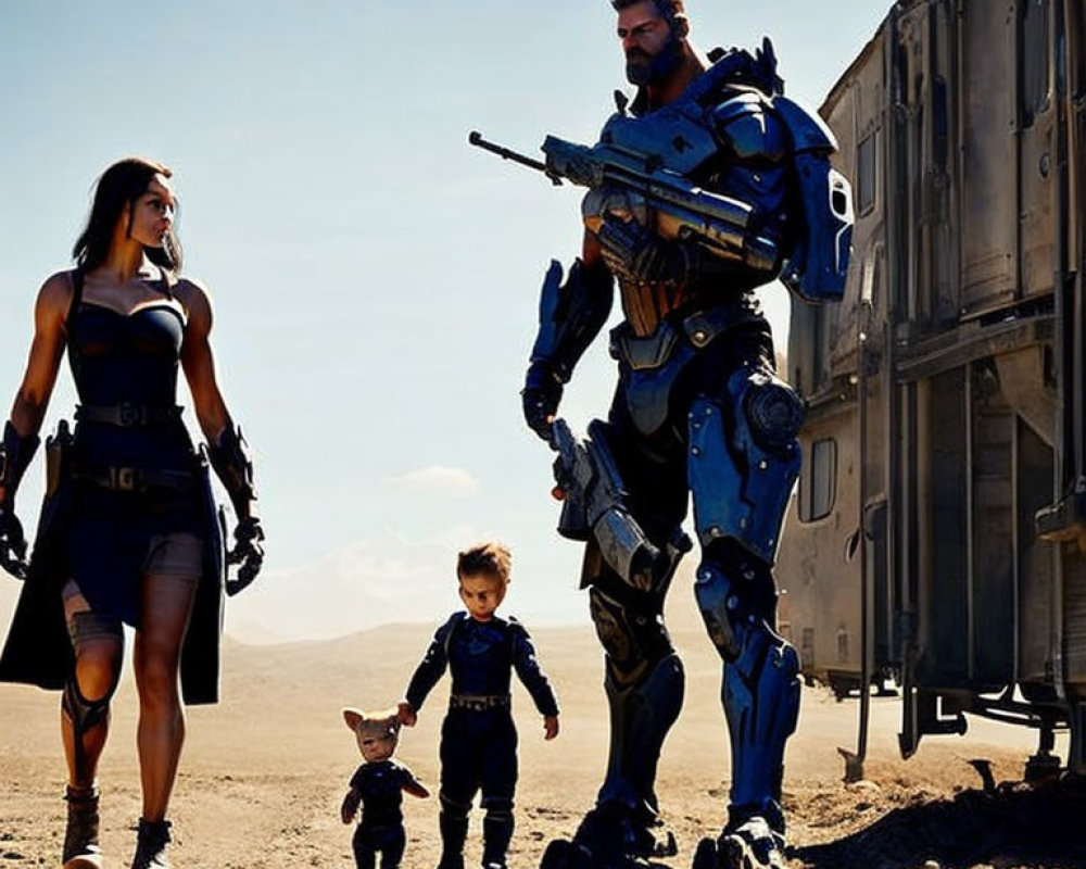 Futuristic armor-clad adults with child and toy robot in desert scene