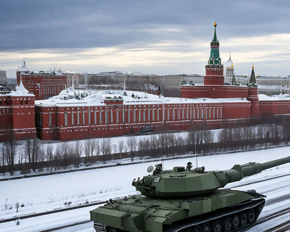 Green military tank on snowy terrain with Moscow Kremlin in background.