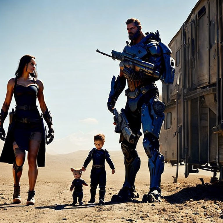 Futuristic armor-clad adults with child and toy robot in desert scene