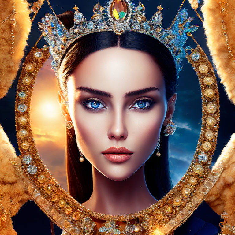 Portrait of Woman with Striking Blue Eyes and Jewel-Encrusted Crown in Golden Mirror