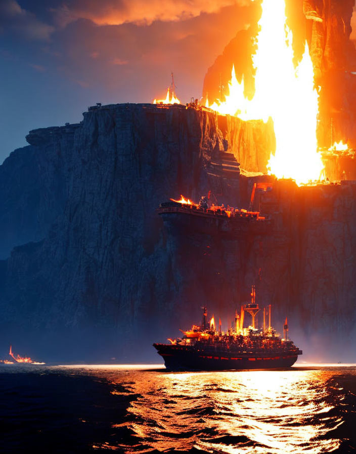 Volcanic eruption lights up cliff with ship at sea