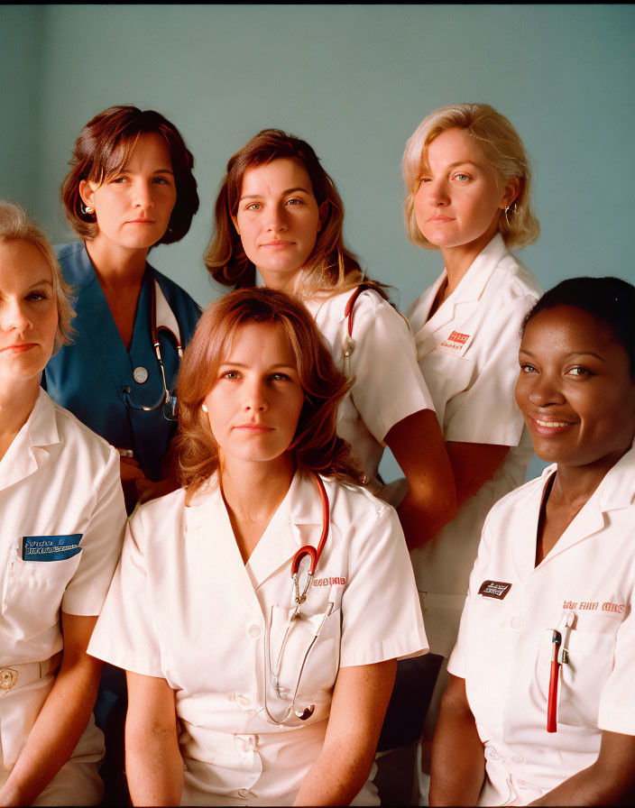 Six Female Healthcare Professionals in Uniforms and Stethoscopes on Blue Background