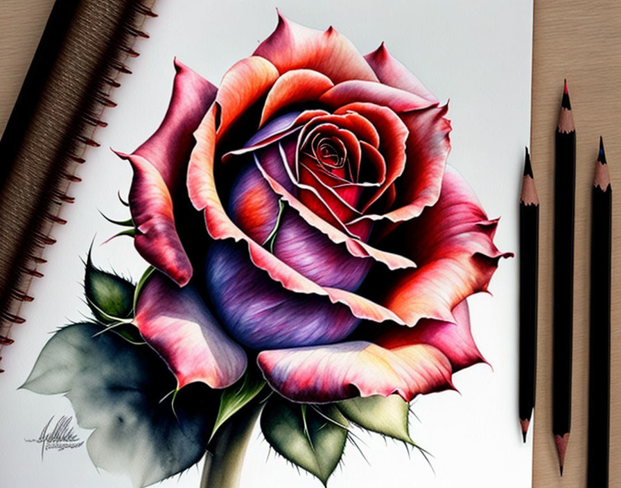 Colorful Rose Drawing with Red to Purple Petals and Sketch Pencils Displayed