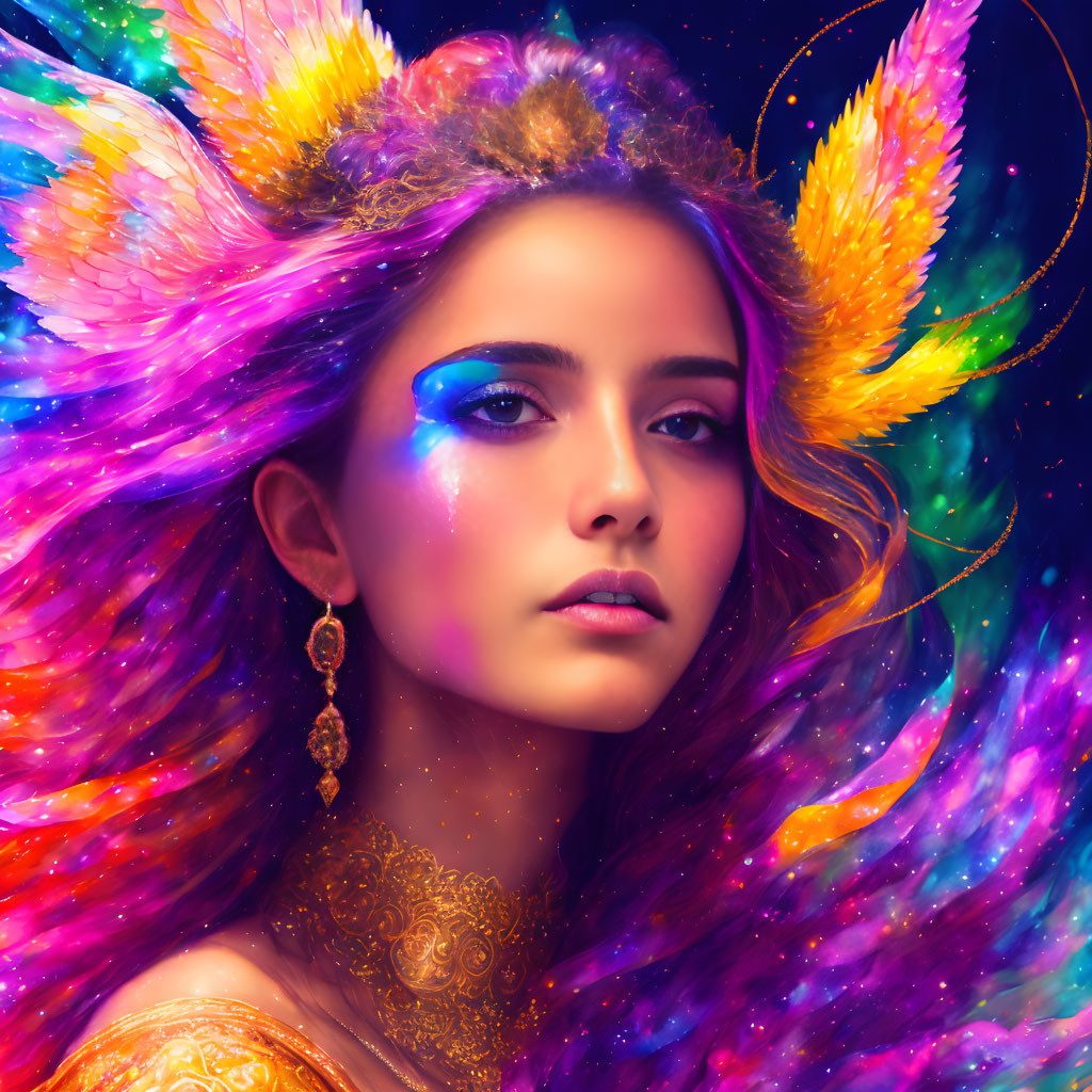 Colorful portrait of woman with purple hair, cosmic makeup, golden feathers, and sparkly jewelry