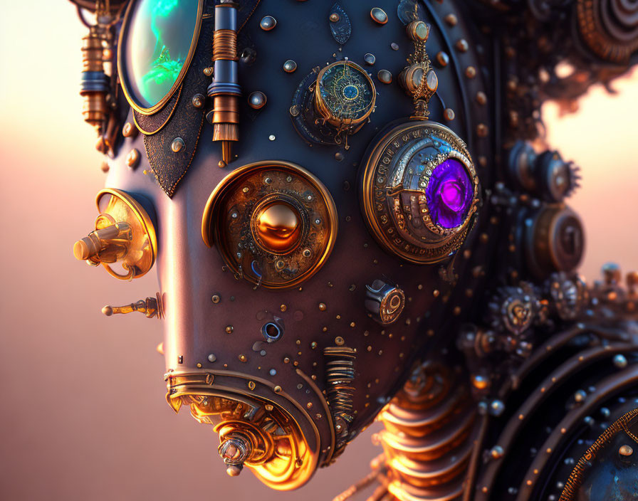 Detailed Steampunk Machinery with Bronze Gears and Glowing Elements