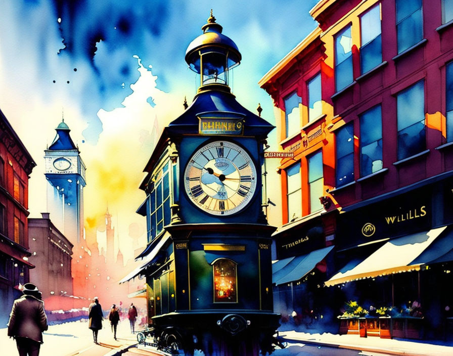 Vibrant urban scene with ornate street clock and bustling pedestrians