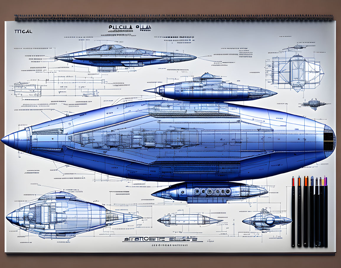 Detailed Futuristic Spaceship Blueprint with Multiple Views and Technical Annotations