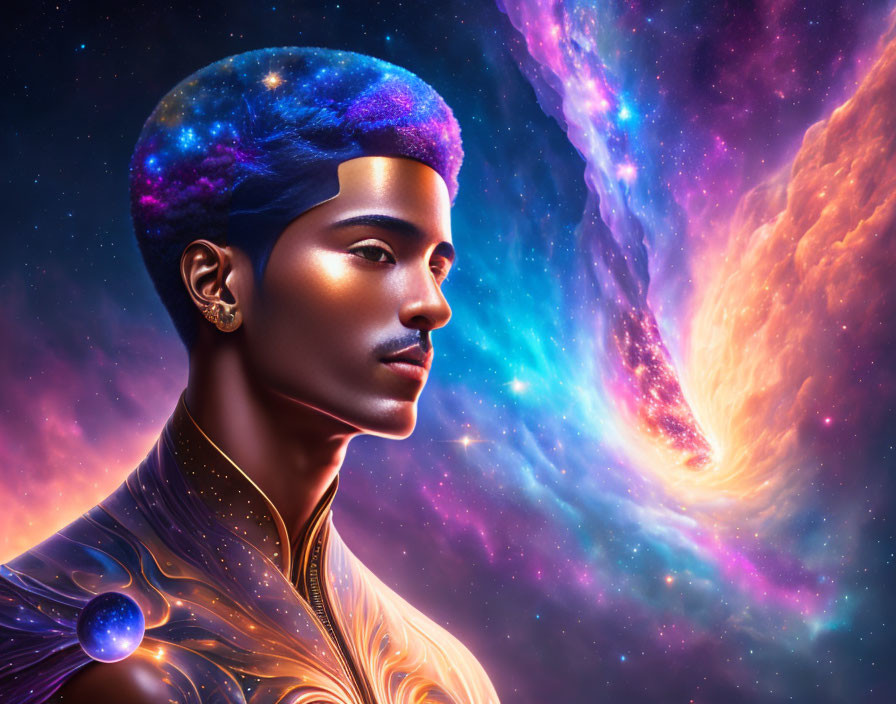 Digital portrait: person with galaxy-themed hairstyle & cosmic patterns on skin against nebula background