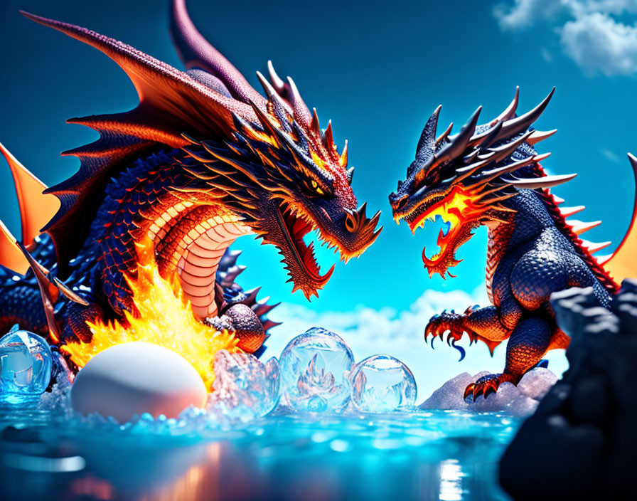 Animated dragons breathe fire protecting eggs in rocky landscape under blue sky
