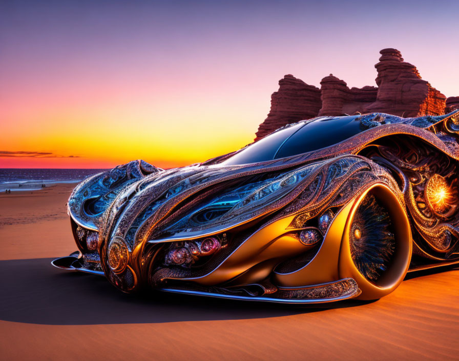 Futuristic metallic car on beach with rock formations at twilight