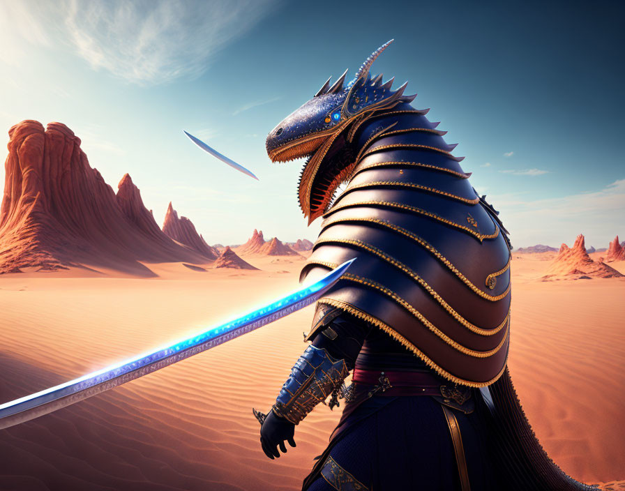Armored dragon with blue lightsaber in desert landscape
