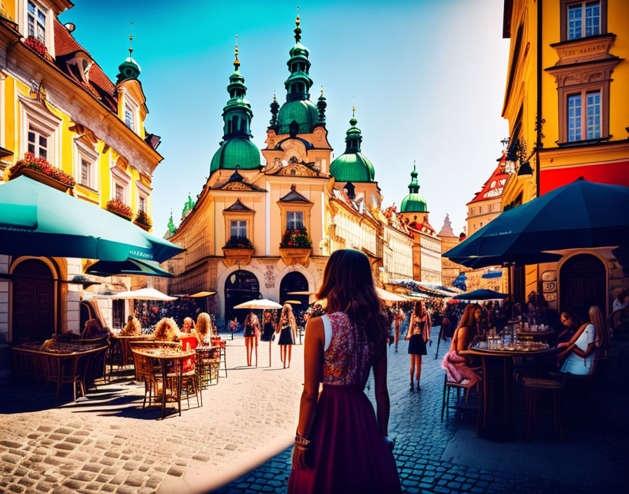 Vibrant European square with colorful buildings and outdoor cafes