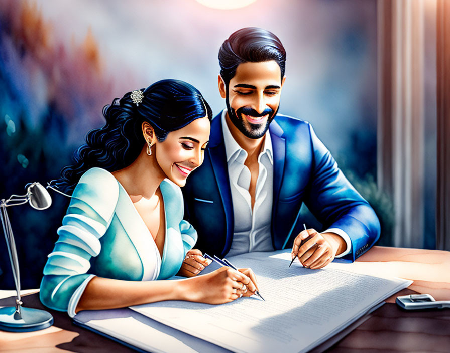 Formal Attired Couple Signing Documents at Table with Colorful Backdrop
