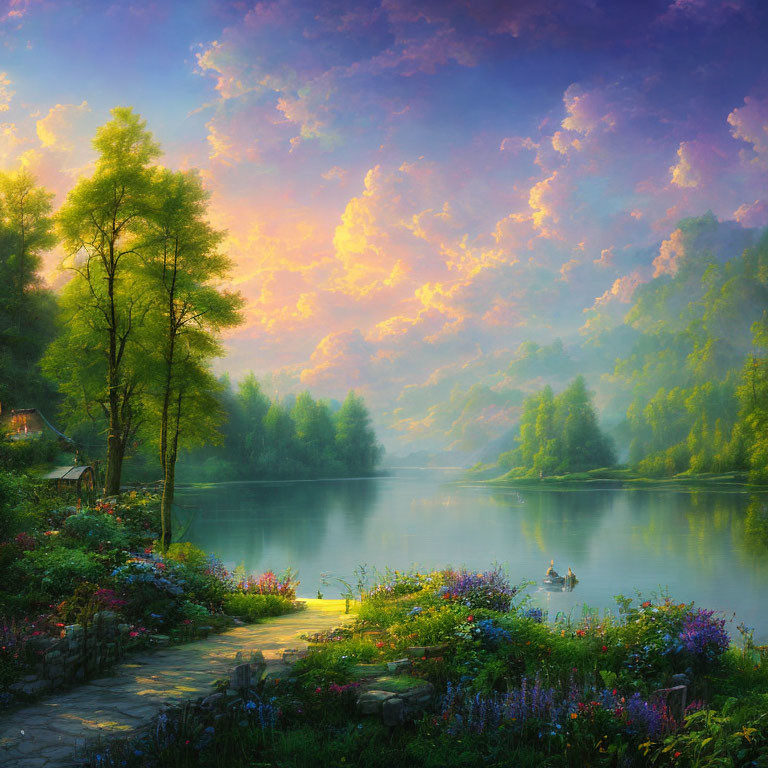 Tranquil river landscape with lush greenery and colorful sky