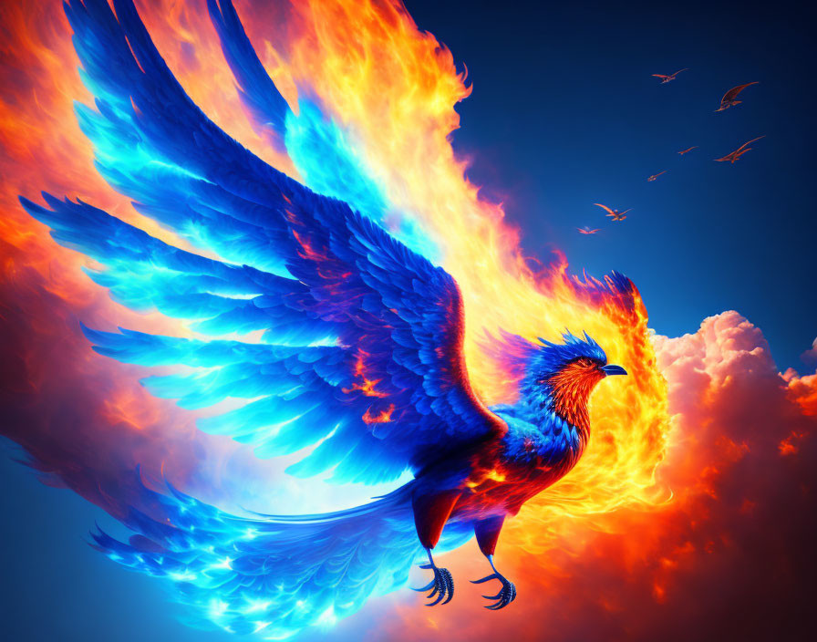 Colorful mythical phoenix flying in blue sky with clouds and birds.