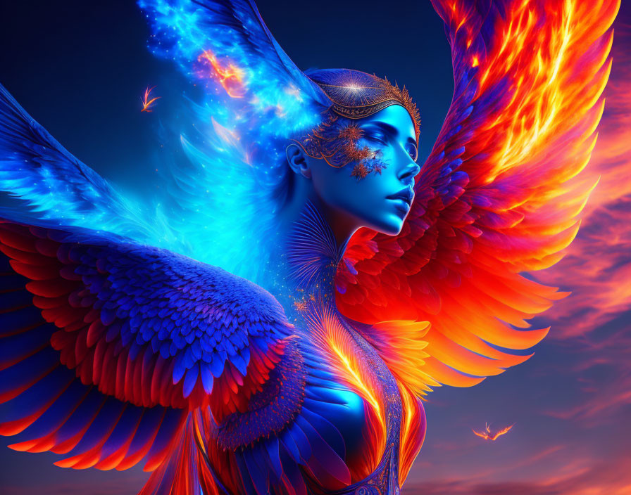 Vivid blue-skinned person with fiery orange wings and headgear on deep blue background