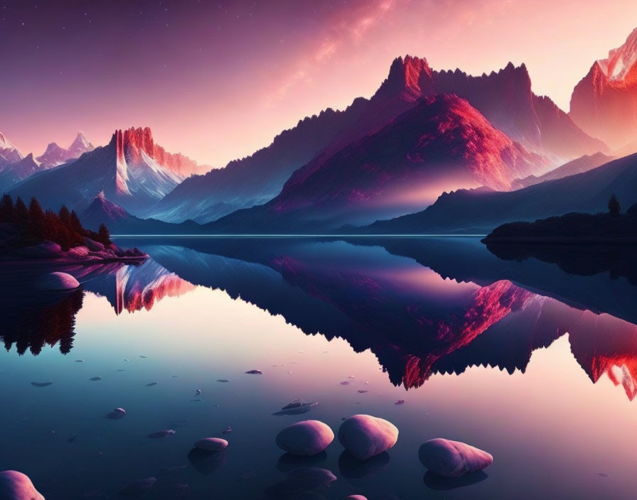 Vivid sunset over mountainous landscape with tranquil lake