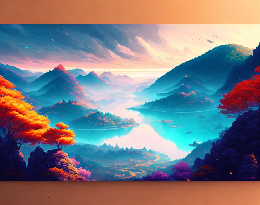 Colorful digital landscape featuring misty mountains and serene lake