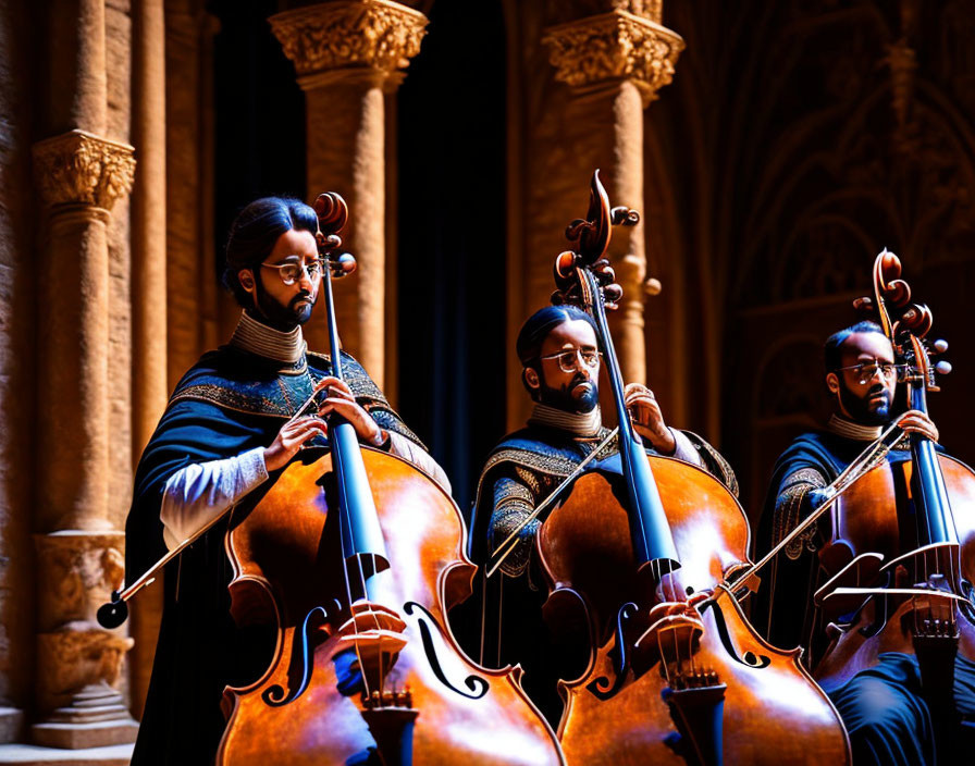 Historically attired cellists perform in ornate cathedral