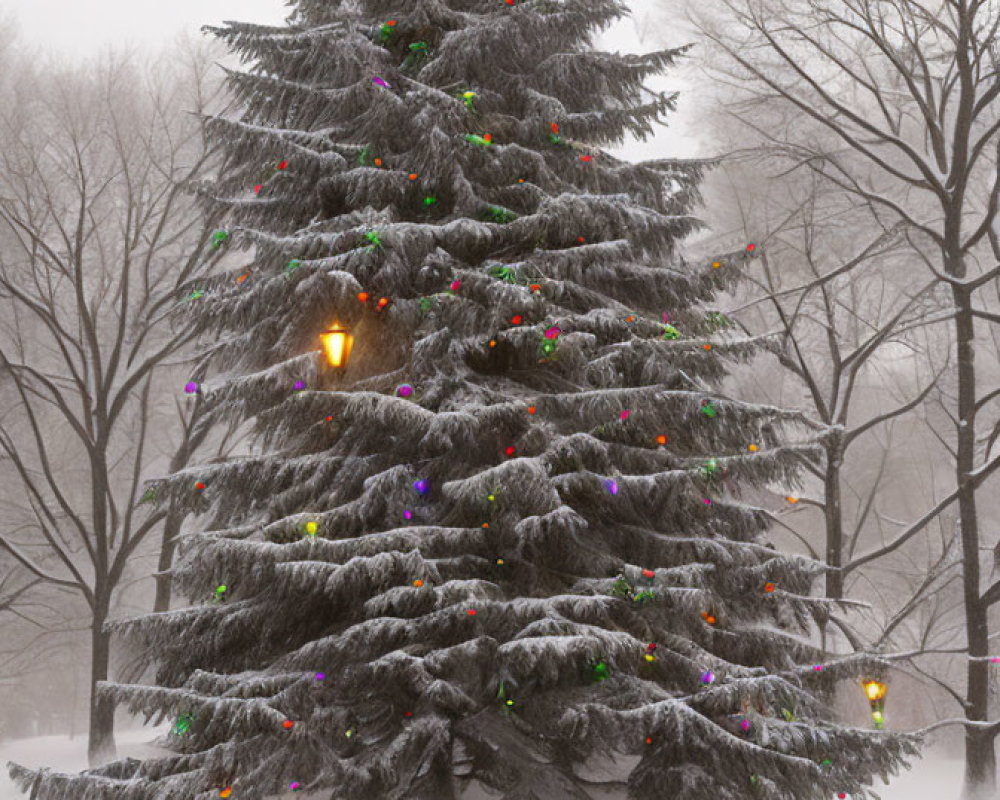 Decorated Evergreen Tree in Snowfall with Colorful Lights