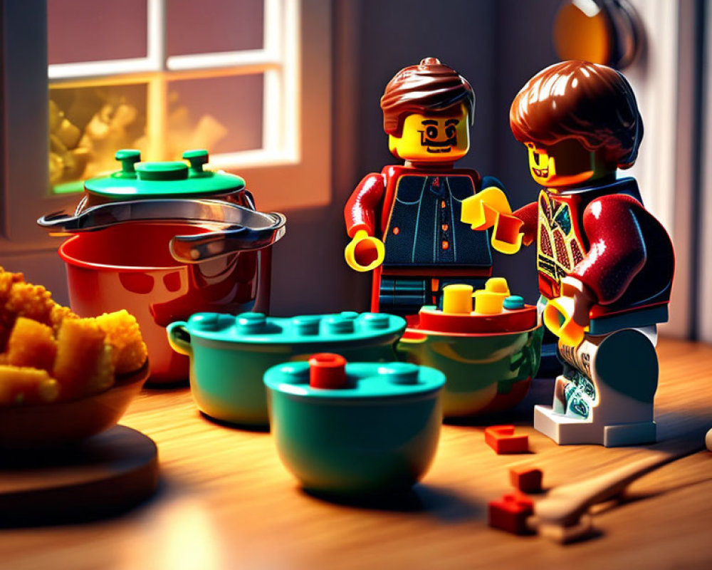 LEGO figures in kitchen scene with pots, bowls, and food pieces