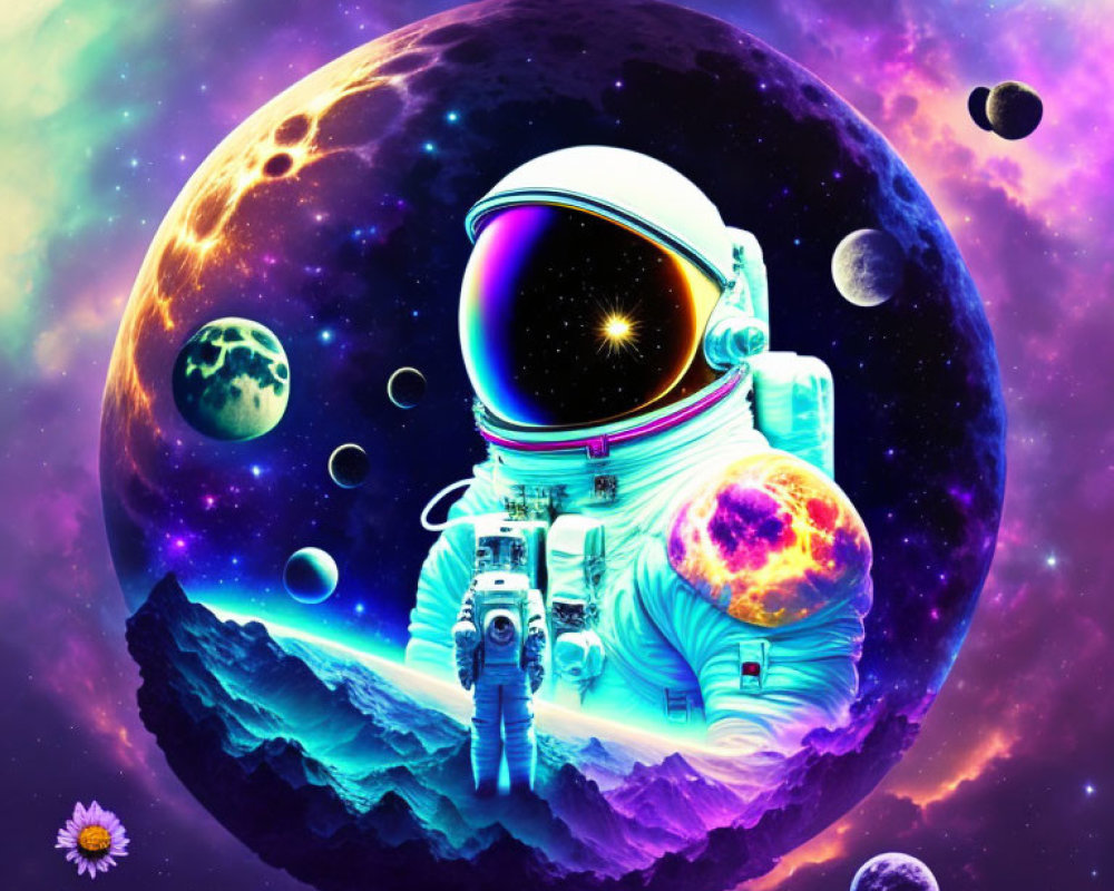 Colorful cosmic scene: astronaut in white spacesuit surrounded by vibrant planets and starry nebula
