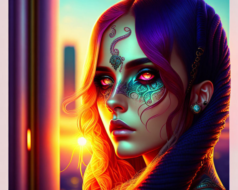 Portrait of Woman with Purple Hair and Blue Face Tattoos in Sunset Cityscape
