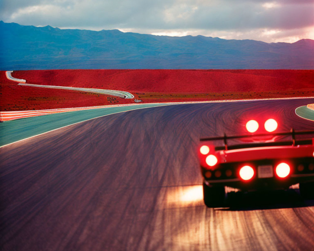 Speeding Race Car with Glowing Red Tail Lights on Vibrant Red Track