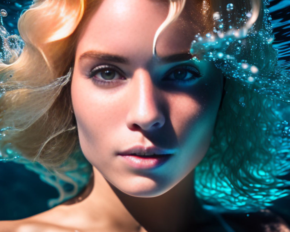 Blonde woman submerged in water with flowing hair and bubbles around her