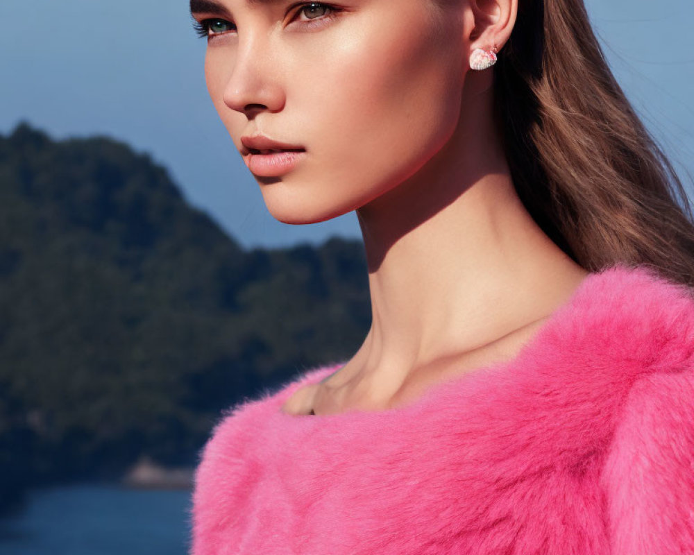 Woman in Pink Fur Coat with Diamond Earring by Water