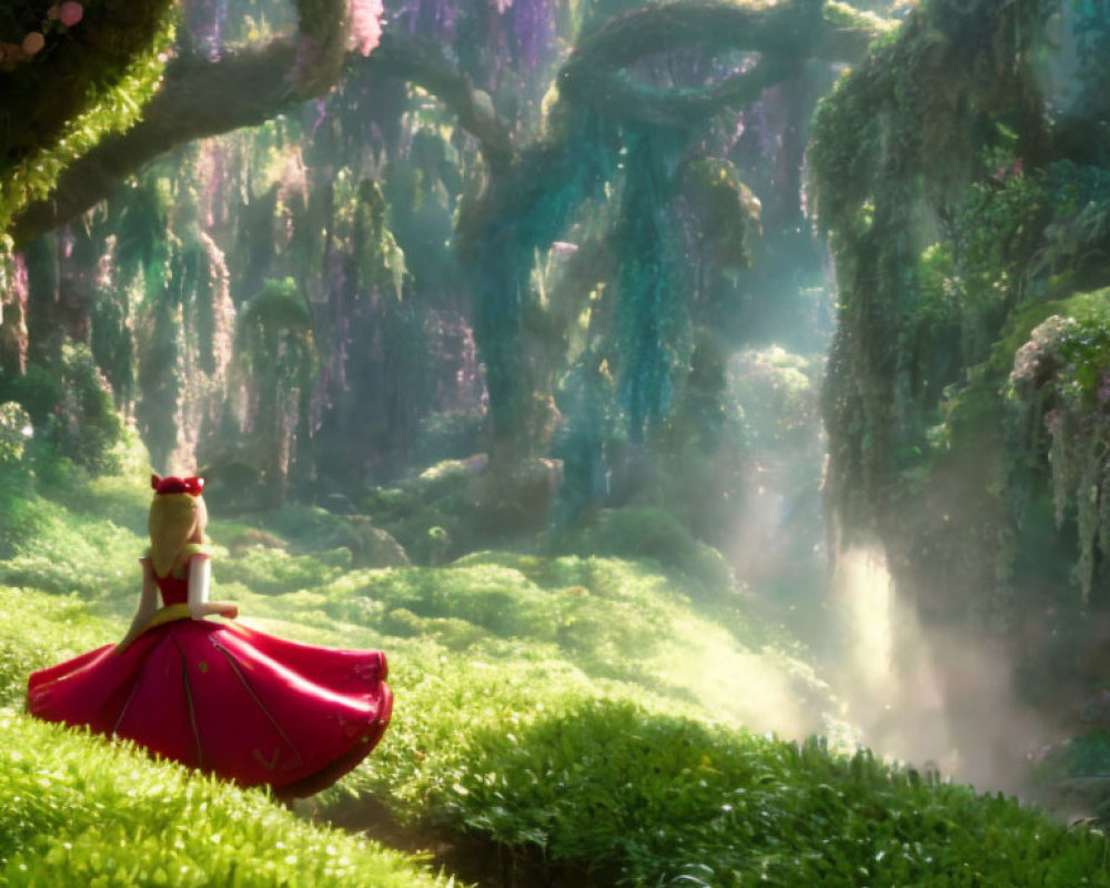Character in Red Cape in Enchanted Forest with Purple Flowers
