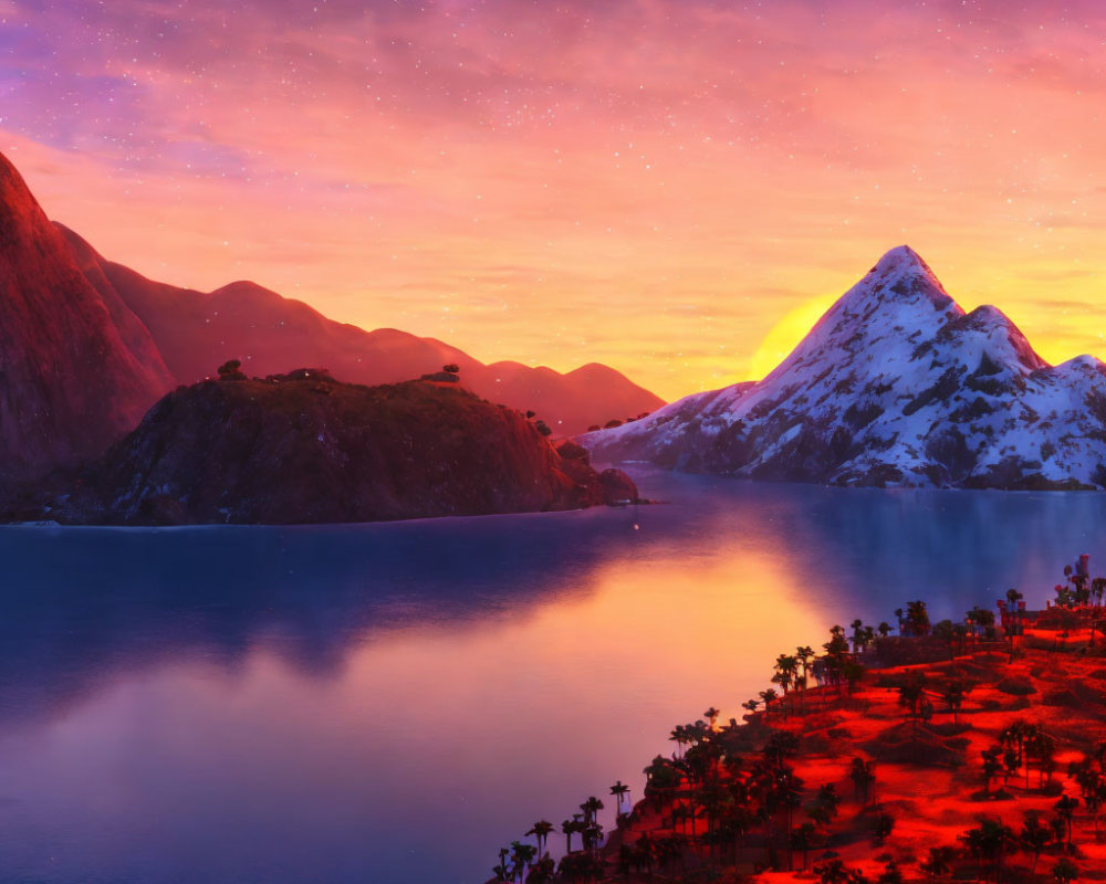 Scenic sunset over tranquil lake with snowy mountains and palm trees