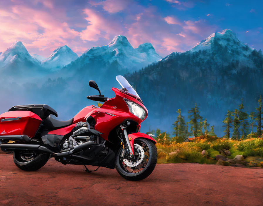 Red Touring Motorcycle on Dusty Trail with Misty Mountains & Twilight Sky