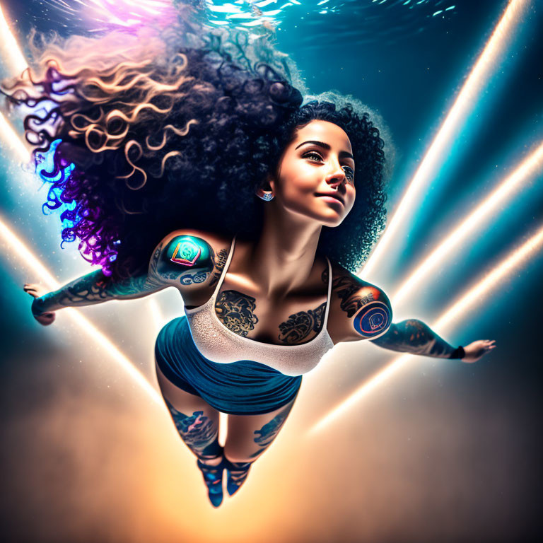 Curly-Haired Woman with Colorful Tattoos Dives Underwater in Blue Swimsuit