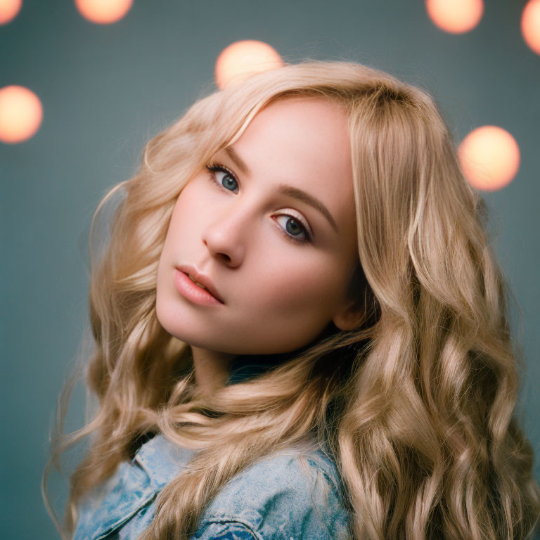 Blonde woman in denim jacket with glowing lights background