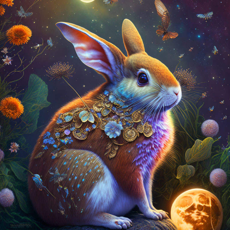 Fantastical rabbit with gold coins and jewelry under starry sky