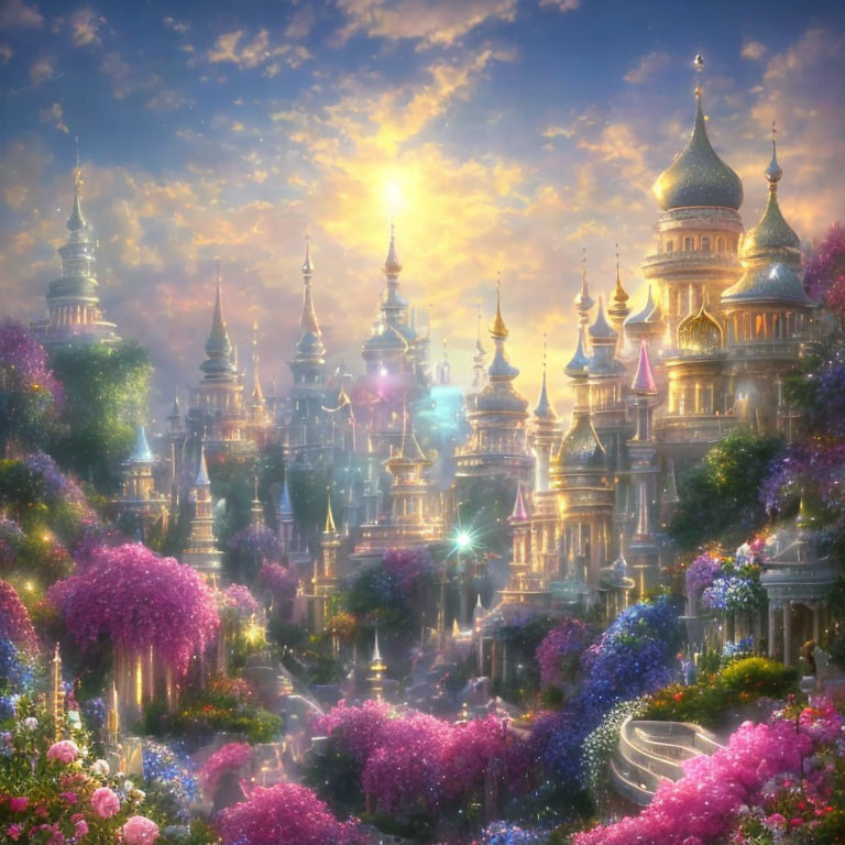 Fantasy landscape with ornate towers and blooming flowers