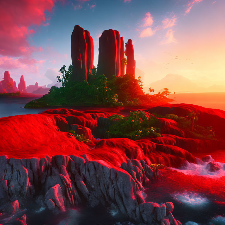 Digital landscape featuring towering rock formations, lush greenery, red algae-covered shorelines, and a sunset