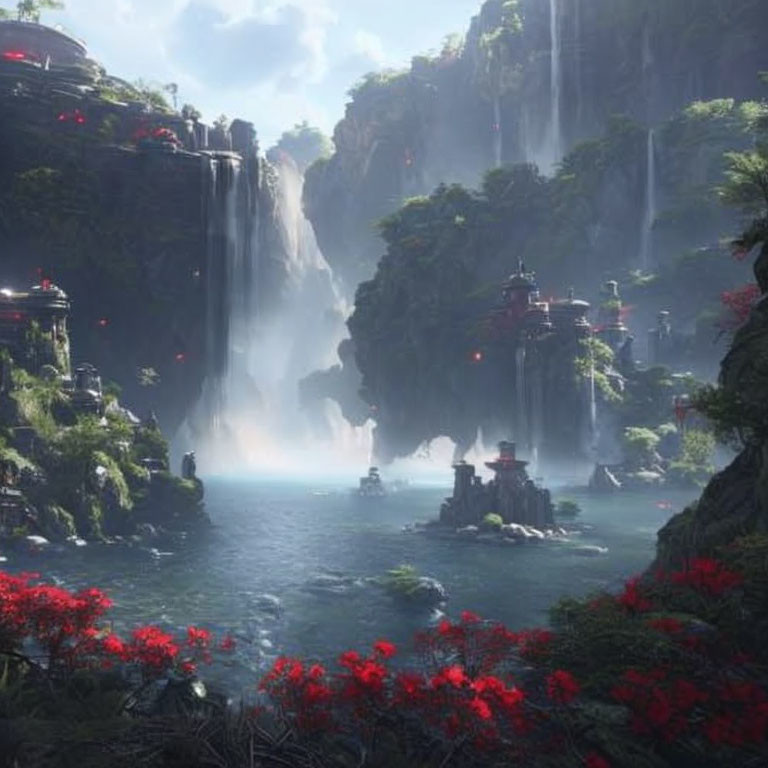 Mystical valley with waterfalls, red trees, and pagodas in digital art