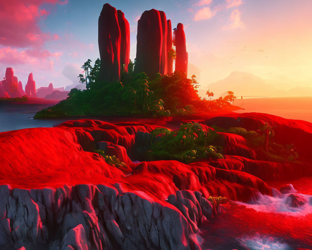 Digital landscape featuring towering rock formations, lush greenery, red algae-covered shorelines, and a sunset
