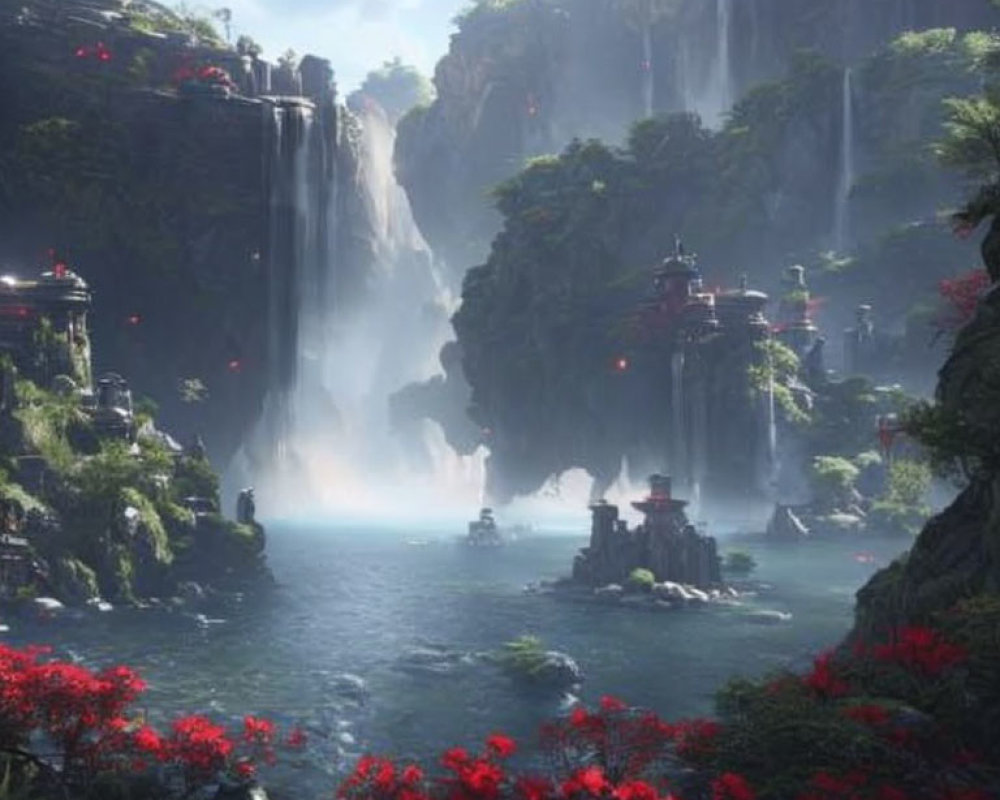 Mystical valley with waterfalls, red trees, and pagodas in digital art